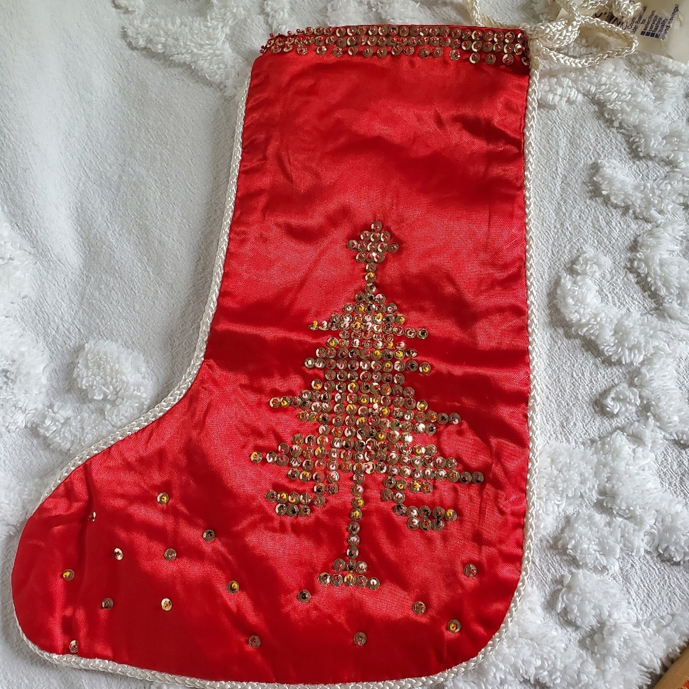 Vintage NWT Red Satin Stocking Christmas Tree Embellished Bling White Trim